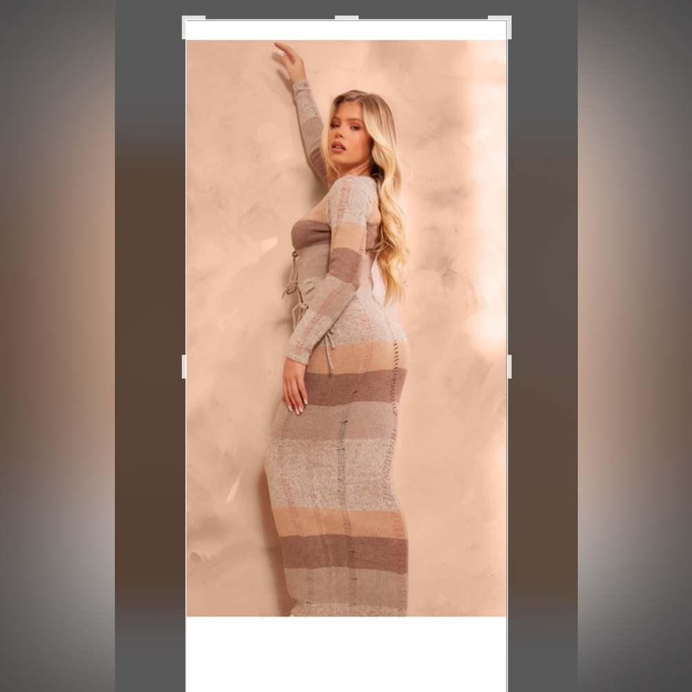 PrettyLittleThing Tan and Brown Long Sleeve Sexy Maxi Dress Size M- UK sizing